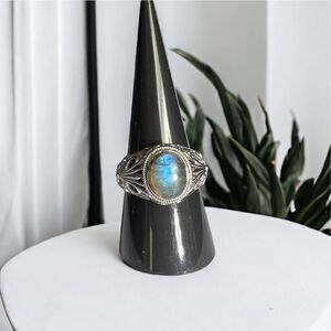 Labradorite Crystal Silver Tone Filigree Ring Size‎ 9  Adjustable
